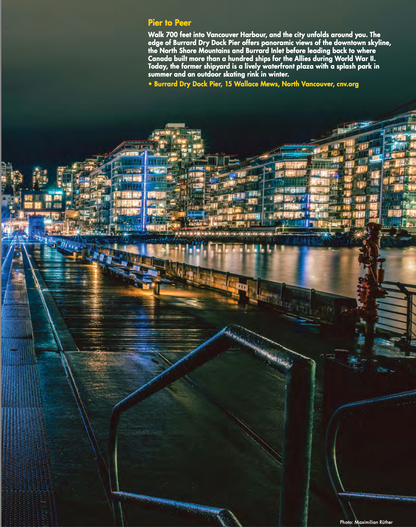 Inside LOST iN Vancouver: Burrard Dry Dock Pier with the waterfront skyline lit up at night