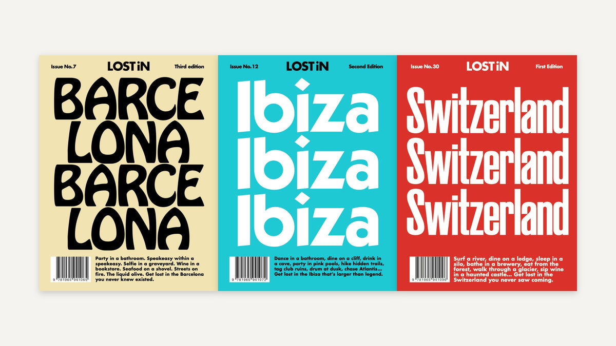 LOST iN Euro Summer: Barcelona, Ibiza and Switzerland guide covers side by side
